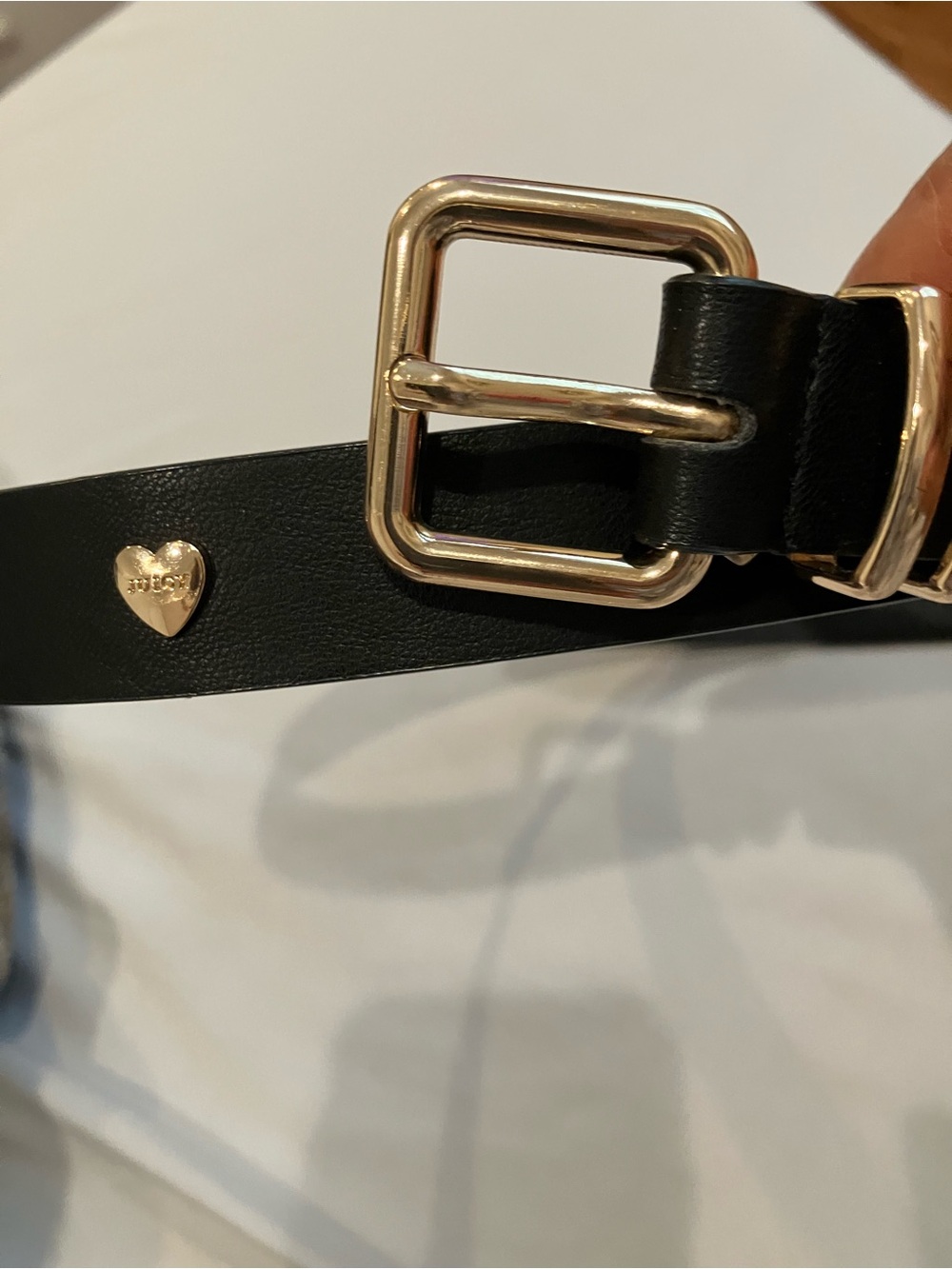 Black Synthetic leather Women's Belt with Gold Heart Accent